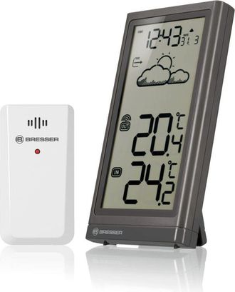 Bresser Stazione meteo radio con sensore esterno Meteo Temp, termometro con indicatore di temperatura per interni ed esterni, previsioni meteo, con base