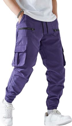 Generic Mens Tapered Cargo Trousers with Zipper Pockets Elasticated Waist Adjustable Cuffs Casual Streetwear Pants Daily Wear Outdoor Trousers Bottoms Dark Pu