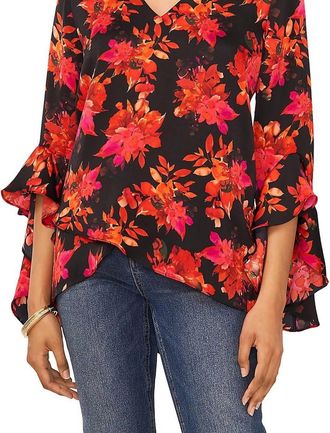 Vince Camuto Printed V Neck Layered Hem Top In Black
