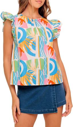 Flying Tomato Printed Ruffle Sleeve Top in Off White Blue at Nordstrom Rack, Size Large