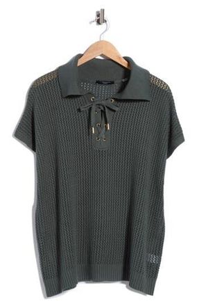 T Tahari Tie Neck Short Sleeve Open Stitch Sweater in Sueded Green at Nordstrom Rack, Size 1 X