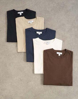 Topman confezione da 5 T-shirt vestibilit&agrave; classica in navy, &eacute;cru, marrone, pietra e nero-Multicolore
