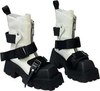 Generic QXDZSW Ankle Boots Women Zip Belt Buckle Strap Design Motorcycle Boots Thick Bottom Non-Slip Platform White