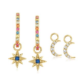 Ross-Simons Multicolored Sapphire and. White Zircon Celestial Hoop Drop Earrings in 18kt Gold Over Sterling