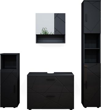 Vicco Conjunto De Muebles De Ba&ntilde;o Irma, Antracita Alto Brillo, 4 Piezas, Con Cajonera Y Armario Alto