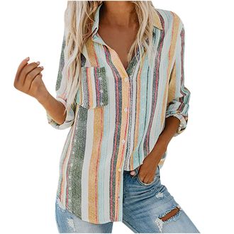 Generic Patchwork Shirt Womens Vertical Stripe Blouses Shirts Casual Button Down Shirts Long Sleeve Blouse Lapel Neck Shirt Loose Collared Blouses Top Multico