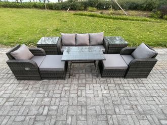 Fimous Outdoor Garden Furniture Sets 8 Pieces Wicker Rattan Furniture Sofa Sets with Rectangular Dining Table 2 Big Footstool in Dark Grey