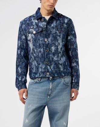 Philipp Plein Denim Trucker Jacket Jacquard Monogram Men in Navy at Nordstrom, Size Xx-Large