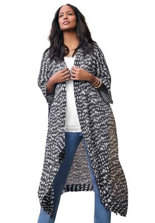 Roaman's Plus Size Flowy Chiffon Duster in Black Ikat Texture at Nordstrom, Size X-Large