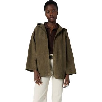 Gerard Darel Tassya Zip-Up Hooded Suede Jacket in Khaki Green at Nordstrom, Size Medium