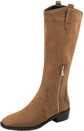 Generic Womens Faux Suede Knee-High Boots Square Toe Low Block Heels Side Zipper Comfortable Non-Slip for Daily Commute Casual,Brown,4.5 UK