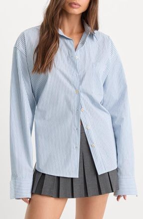 Good American The Poplin Easy Striped Cotton Shirt in Summer Sky Stripe at Nordstrom, Size X-Large