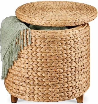 Best Choice Products 17 Round Storage Ottoman with Lid - Handwoven Water Hyacinth Modern Footstool