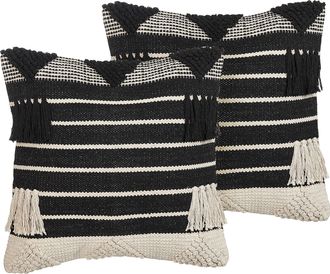 Beliani Beliani - Conjunto De 2 Cojines De Algod&oacute;n Beige Negro 50 X 50 Cm Hecho A Mano Chittoor