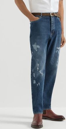 Brunello Cucinelli Denim iconic fit five-pocket trousers with rips in Dark Denim at Nordstrom, Size 54