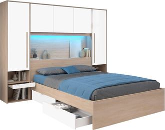 Vente-Unique Cama con almacenamiento 160 x 200 cm - con LEDs - Color: natural y blanco brillante - VELONA