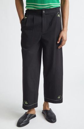 Bode Lucky Draw Embroidered Cotton Twill Wide Leg Ankle Pants in Black at Nordstrom, Size 30