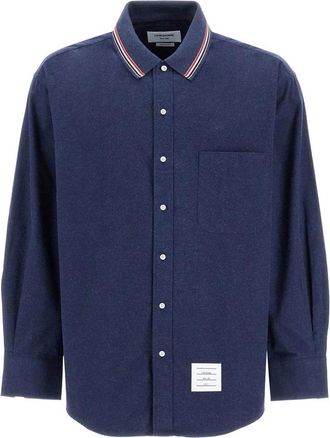 Thom Browne Oversized Flanellen Overhemd met Tricolore Band - Heren - Casual Overhemden - Blauw - M - Katoen - Overhemden