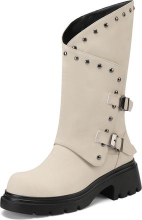 Generic Womens PU Leather Western Cowboy Boots with Side Zipper Round Toe Platform Long Boots Chunky Heel Mid-Calf Boot with Studded,Beige,6.5 UK