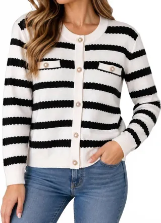 Minnie Rose Striped Crew Neck Cardigan In Starch Black