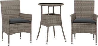 vidaXL Set Comedor Jard&iacute;n 3 Pzas Y Cojines Rat&aacute;n Sint&eacute;tico Vidrio Gris Vidaxl
