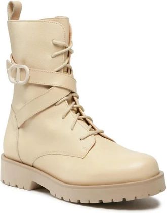 Twinset Cr&egrave;mekleurige Leren Veterlaars - Dames - Veterlaarzen - Beige - 38 EU - Leer - Schoenen
