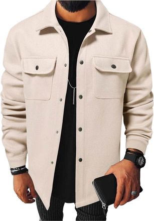 Generic Warm Fall Jackets Mens Fleece Lined Shirt Button Down Long Sleeve Jacket Autumn Winter Coats with Flap Pockets Mens T Shirt Winter Jackets for Men Ove