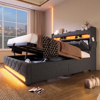 Merax Upholstered Bed with Hydraulic Storage, LED, Charging in Grey | Size: Double