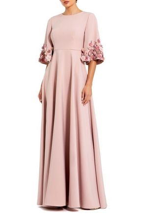 Mac Duggal Petite Crepe 3/4 Sleeve A-line Gown With Flower Trim in Rose at Nordstrom, Size 16P