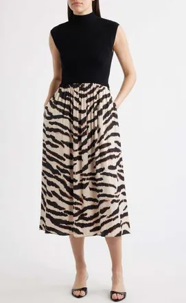 Vince Camuto Mock Neck Cap Sleeve Midi Dress in Black Multi at Nordstrom, Size X-Large