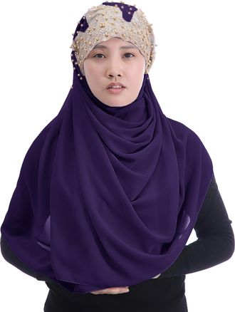 Lina & Lily Premium Chiffon Hijab Head Scarf Wrap with Gold Sequins Glitters Beads for Muslim Women (Dark Purple)