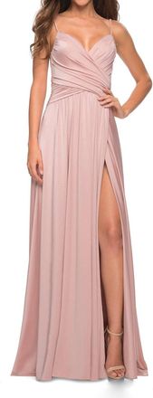 La Femme Jersey V-Neck Open Back Slit Dress In Mauve