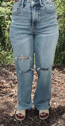 Judy Blue Mid Rise Tummy Control Distressed Wide Leg Jeans - Plus In Blue