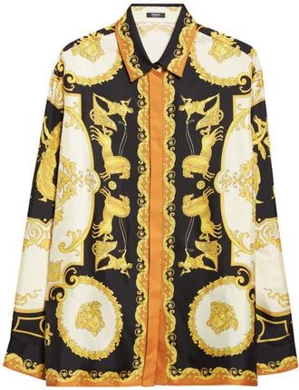Versace Hall of Heroes Silk Button-Up Shirt in Black Ivory Autumn Spice at Nordstrom, Size 10 Us