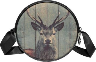Generic Circle Crossbody Bag for Women, Wooden Board Deer Painting Small Sling Bag Daypack with Zipper Adjustable Shoulder Straps Casual Ladies Girls Round Pu