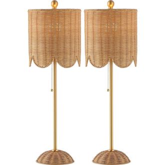 Jonathan Y Designs Celerie 27.5 Coastal Bohemian Rattan/Iron Scalloped Buffet LED Table Lamp with Pull Chain in Natural/brass Gold at Nordstrom