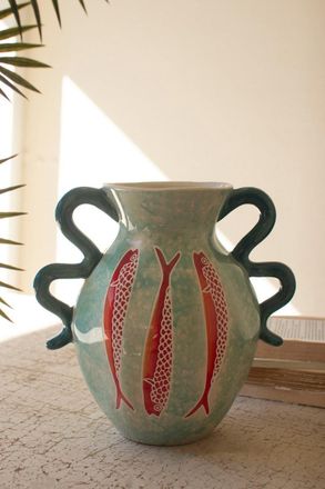 Kalalou Ceramic Colorful Fish Vase With Blue Squiggle Handles