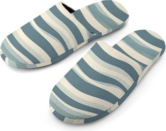 Generic Wave-like Striped Mens Cozy House Slippers Winter Warm Shoes with Anti-Slip Sole for Travel Indoor Outdoor