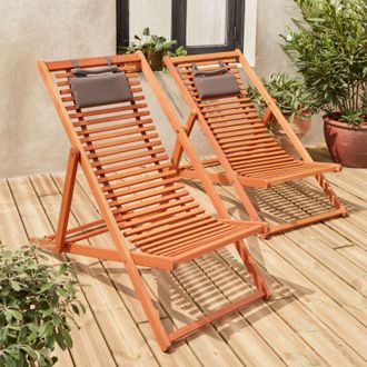 Sweeek Sweeek - Set di 2 sedie sdraio in legno con doghe e poggiatesta