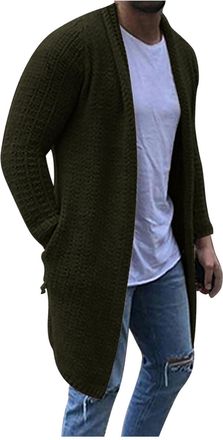 Generic Mens Long Cardigans with Side Pockets Lightweight Open Front Jumper Breathable Long Sleeve Knitwear Chunky Knit Jacket Coat Plain Ribbed Sweater Warm 