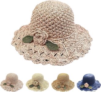 Generic Elegant Crochet Straw Hat with Ruffle Detail, Straw Visor Hat for Women, Summer Beach Straw Cap, Pink, One Size