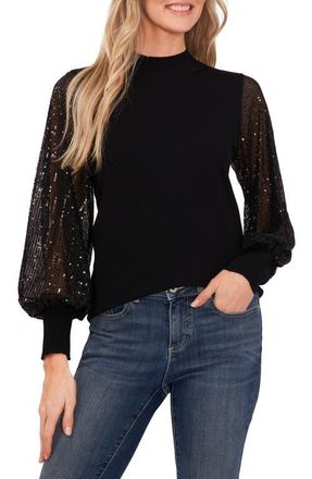 CeCe by Cynthia Steffe Sequin Sleeve Mock Neck Sweater in Rich Black at Nordstrom, Size Xx-Small