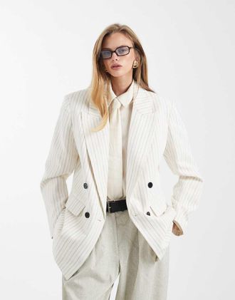 Asos Blazer doppiopetto sartoriale in misto lino &eacute;cru a righe-Bianco