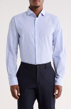 Lorenzo Uomo Trim Fit Striped Cotton Seersucker Dress Shirt in White/Blue at Nordstrom Rack, Size 14.5 - 32
