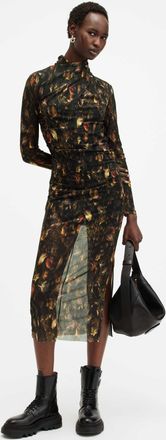 AllSaints Recycled Polyester Tia Mesh Printed Midi Dress, Size: UK 16/US 12