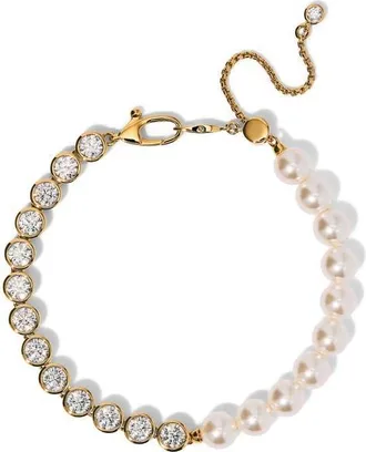 Nadri Imitation Pearl & Cubic Zirconia Adjustable Bracelet in Gold at Nordstrom