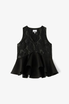 Ganni Satin Cloque Peplum Top - Size 10/12 Black