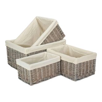 Red Hamper Set of 4 Grey Wash White Cotton Lined Willow Storage Baskets