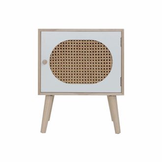 Mobili Rebecca Mesita de noche boho con 1 puerta de madera marr&oacute;n y blanca