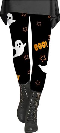 Generic Halloween Leggings for Women Buttery Soft Funny Boo Ghost Printed Compression Leggings Tummy Control Winter Thermal Tights Workout Yoga Pants,Black,XL